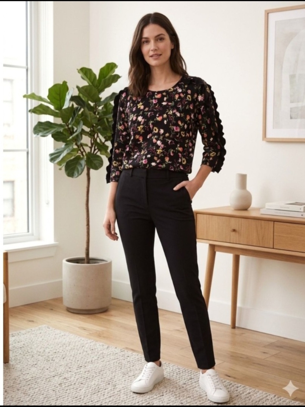 Philosophy Black Floral Ruffle Sleeve Women’s Top. Size S